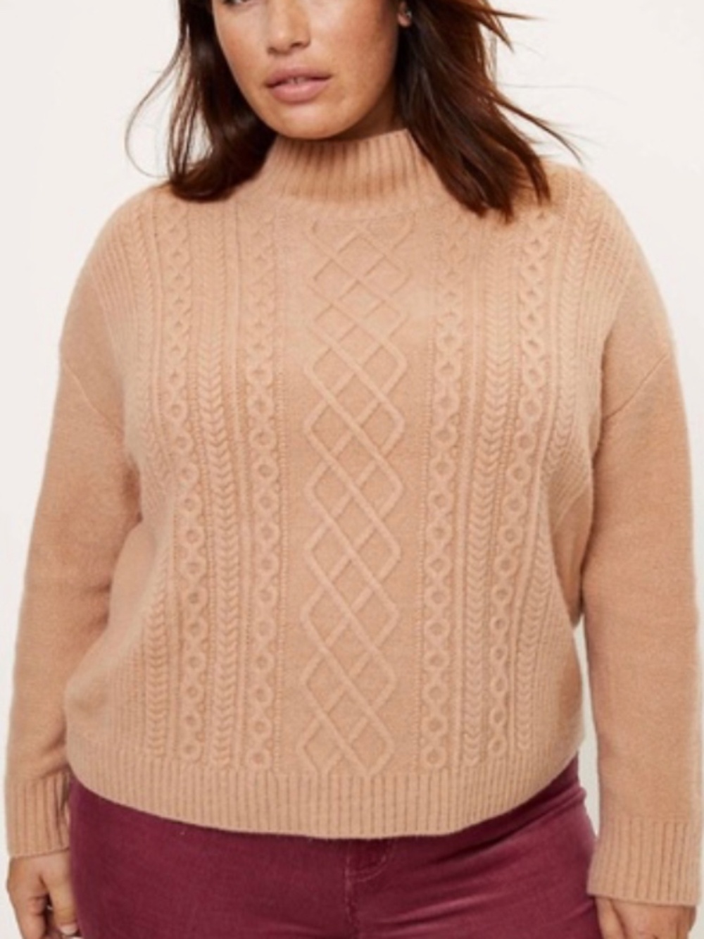 LOFT Cable Knit Mock Neck Sweater XS Tan Camel Oversized Pullover